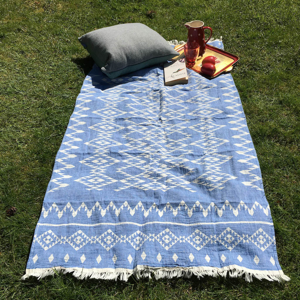 blue hammam towel as picnic blanket