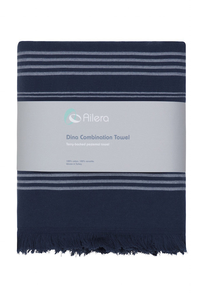 navy dina towel with white stripe