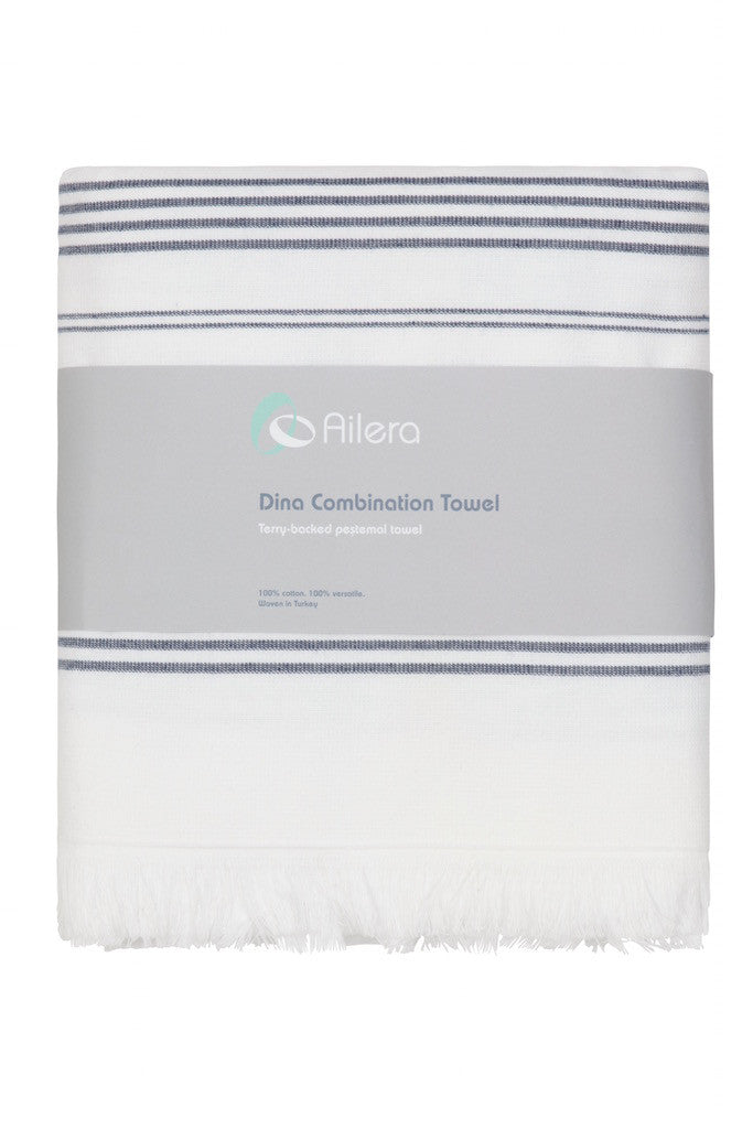 white dina towel with navy stripe